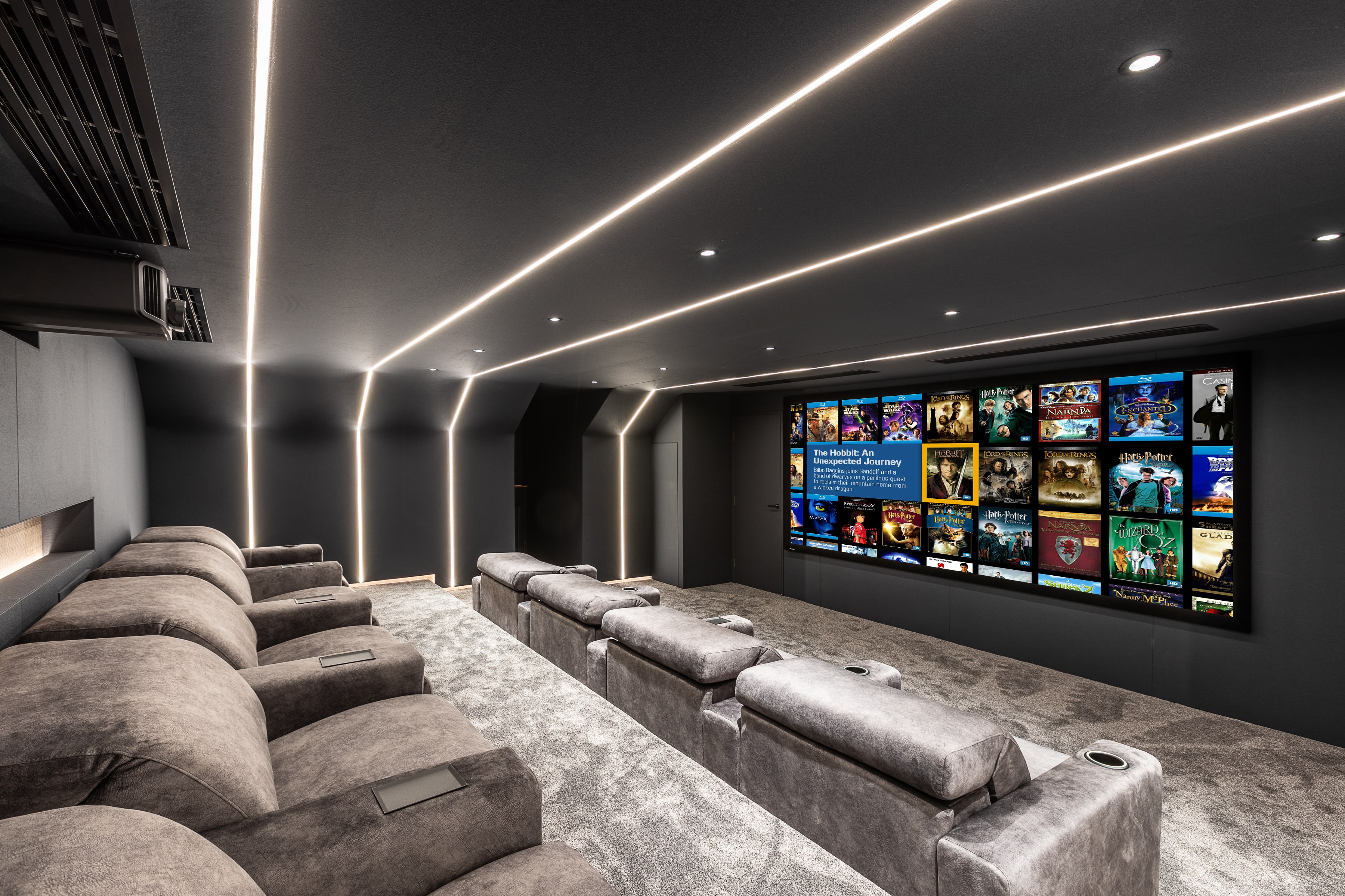 multi-purpose luxury media room with modular seating and smart AV integration