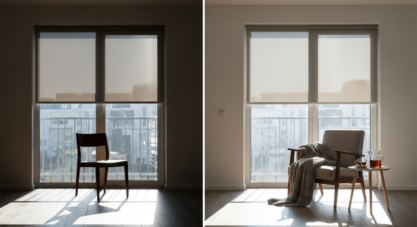Smart shades improving comfort, energy efficiency, and privacy in a luxury home interior.